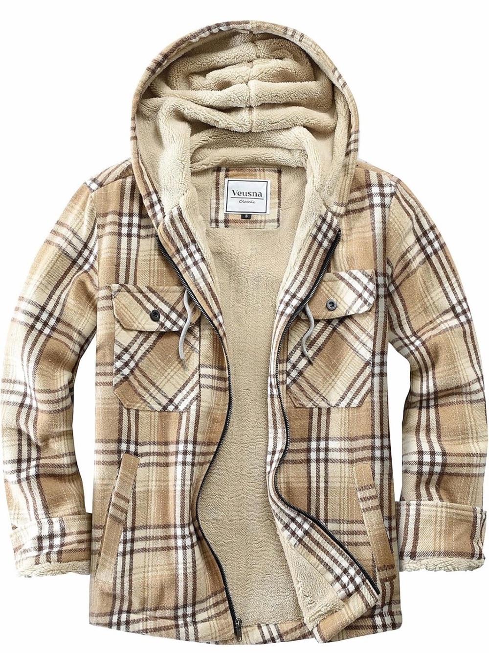 Hooded Sherpa-Lined Plaid Flannel Shirt Jacket - Beige
